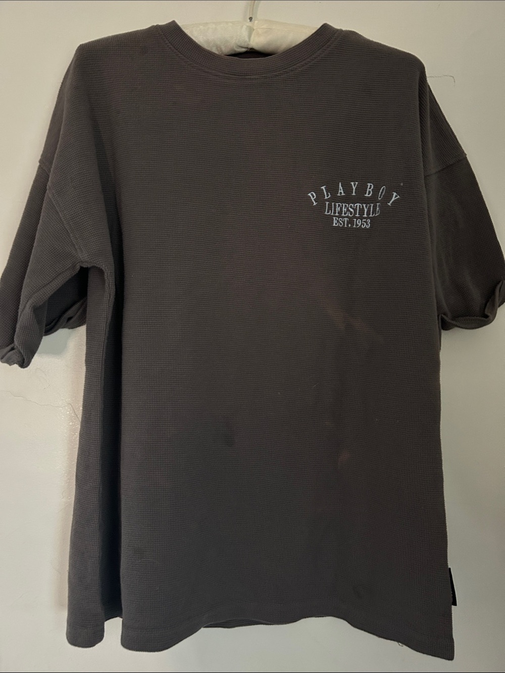 PLAYBOY Men's Short-Sleeve Crew Tee in Charcoal with Chest Logo